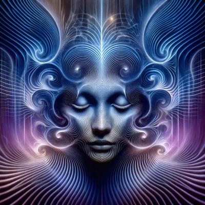 The primary subject of the image is a woman's face, which is the main focus of the image. The setting is a futuristic, digital art environment, with a purple background. The visual style is a combination of photo and digital art, creating a unique and intriguing appearance. The colors and mood of the image are predominantly purple, which adds a sense of mystery and otherworldliness to the scene.